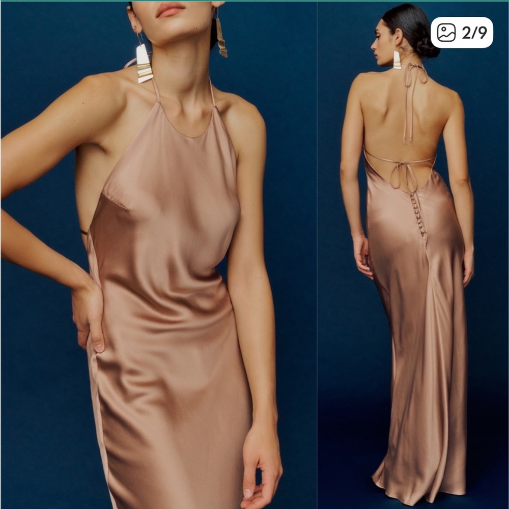 REFORMATION Silk Maxi Dress Halter Tie Neck Open Back Flowy Satin Gown S - Picture 2 of 3